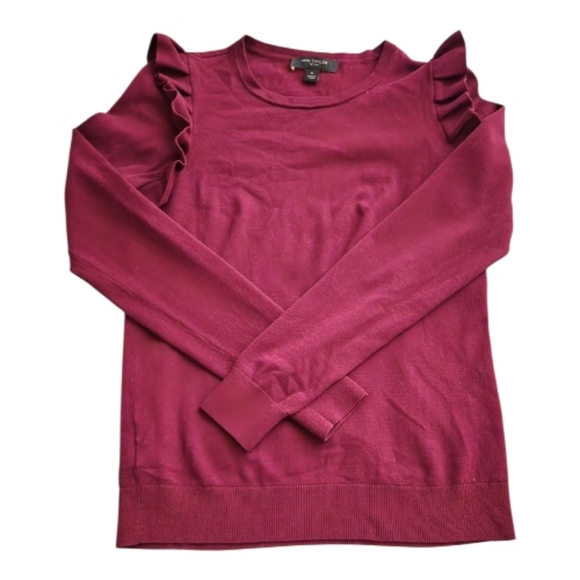 Ann Taylor Maroon Ruffle Shoulder Long Sleeve Top - Size Small Petite - Picture 6 of 7